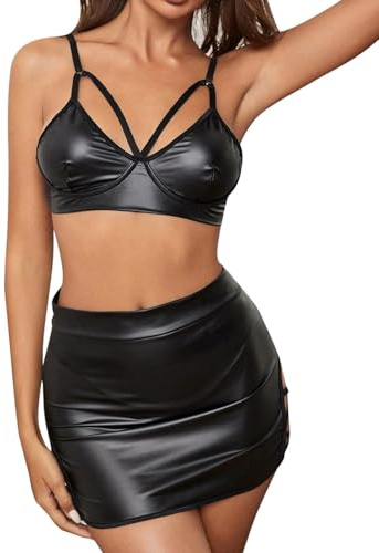 Rayson Sexiga damunderkläder babydoll patent dragkedja v-ringad halter läder transparent mesh cosplay, Svart läderkjol, one size