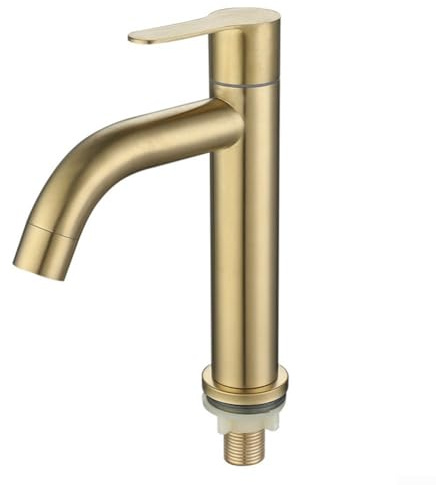 Rubinetto singolo per lavabo, rubinetto freddo in acciaio inox spazzolato dorato, fori di montaggio da 23 a 28 mm, per lavabo da bagno (S)