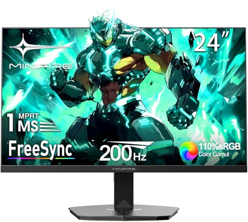 Minifire Gaming Monitor 24 Zoll, 200 Hz, 1ms, FreeSync, Full HD(1920 x 1080), Rahmenlos Bildschirm, Low Blue Light, HDR,300Nits, sRGB 110%, 4000:1 Kontrast, HDMI 2.0&DP 1.4-(MFG24F4H)