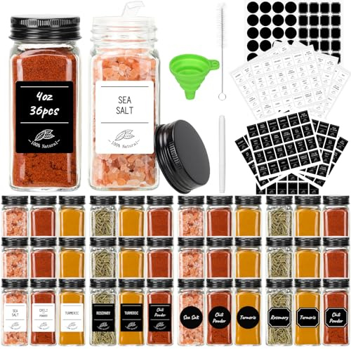 HYCKee 36 Pack 120ml Glass Spice Jars, Square Spice Containers with Black Metal Caps and Pour/Sift Shaker Lid-280pcs Labels,1pcs Silicone Collapsible Funnel and Brush Included