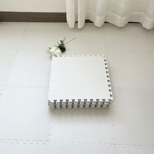 Foam Floor Mat Interlocking Puzzle Mat, Home Carpet, Washable Linen Rug for Bedroom (White, 12 Pcs)