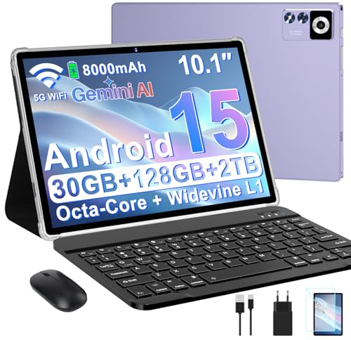 ZIOVO Tablet 10 Pollici Android 15 Tablets,30GB RAM+128GB ROM(TF 2TB),5G WiFi Tablets,Octa-Core 2.0 GHz/Gemini AI/Widevine L1/8000 mAh/BT 5.0/GPS/Face ID/2 in 1 Tablet con Tastiera e Mouse - Viola