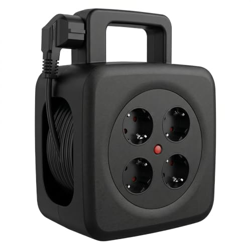 Kabeltrumma 15 m med 4 Schuko-uttag, USB C och USB A 20 W PD, TÜV GS-testad, vikbar handvev för hushåll och utomhusbruk, camping, termoströmbrytare, 16 A kabelrulle