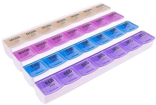 Apex 7-Day Mediplanner Pill Organizer, Weekly Pill Organizer, 4 Times A Day Color-Coded, Easy-Open, See-Through Lids, Organize Medication Or Vitamins by AM, PM, Evening and Bedtime