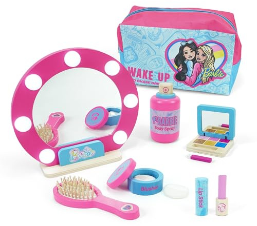 Barbie Wooden Toy Set with Mirror & Carry Case – Pretend Play Beauty Set for Kids – Includes Brush, Lipstick, Blusher, Eyeshadow, Body Spray & Accessories, Pink Vanity - Makeup Set