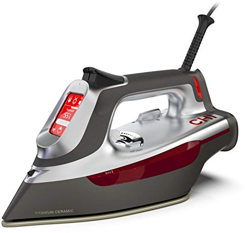 CHI Steam Iron for Clothes with Titanium Infused Ceramic Soleplate, 300+ Holes for Powerful Steaming, XL 10’ Cord, 3-Way Auto Shutoff, 1800 Watts, Advanced Touchscreen, Silver (13103)