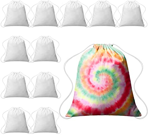 Saintrygo 12 Pieces 12/6 Pcs Tie Dye Cotton Drawstring Bags Sublimation Blank Backpack White Canvas Bags Kid DIY Items for Party Favors (White)
