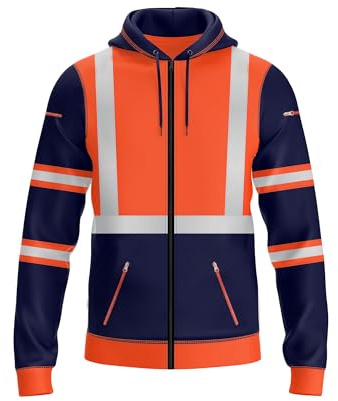 NOROZE Felpa Uomo Alta visibilità con Cappuccio, Nastro Riflettente, Zip Intera e Tasche, Felpa Sicurezza da Lavoro, Comoda e Resistente, Ideale per Cantiere, Jogging e attività Esterne.