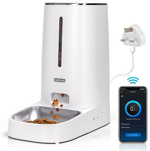 Nobleza 4L Automatic Cat Feeder, APP Control, 2.4G WiFi Smart Dry Food Dispenser with Stainless Steel Bowl, 10s Voice Recorder, Battery Operated, Portion Control, 1-10 Meals per Day.