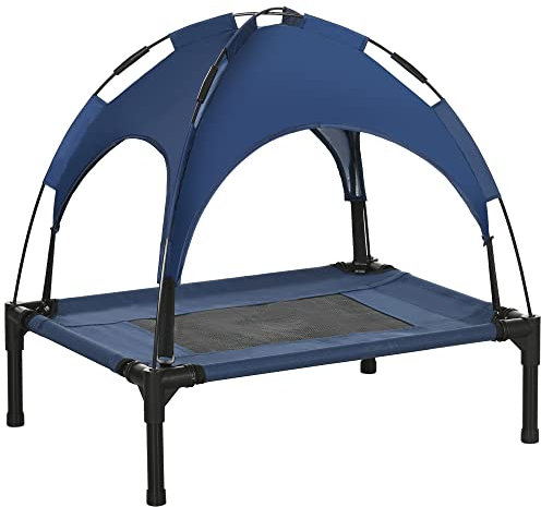 PawHut 61cm Elevated Dog Bed Cooling Raised Pet Cot UV Protection Canopy Blue