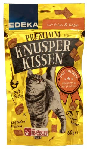 Edeka Premium Knusperkissen mit Huhn und Käse Katzenleckerli, 9er Pack (9 x 60g)