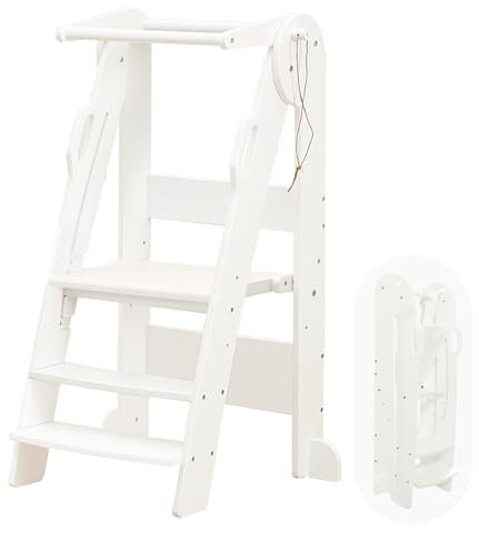 FUNLIO Sgabello pieghevole da cucina, torre montessoriana per bambini per l'apprendimento, torre per bambini da 2 a 6 anni regolabile in altezza a 3 livelli, approvata dal CPC - Grigio