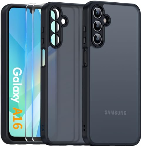 COPIKE Funda Mate para Samsung Galaxy A16 4G / 5G y Protector de Cámara, Carcasa Antigolpes Translúcida Antihuellas Trasera con 2 Piezas Cristal Templado, Negro