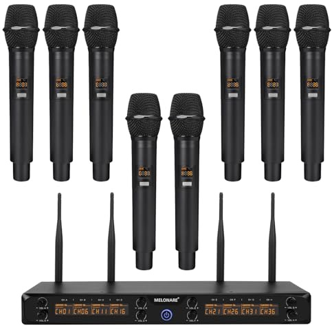 MELONARE 8-Channel Wireless Microphone System, UHF 500MHz Cordless Mic Set w/ 8x5 Frequencies, 240ft Range, Dynamic Handheld Microphone for Singing, Karaoke, Church, Meetings, Wedding (MWM-81F)