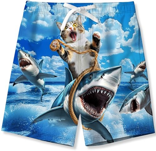 Kids4ever Short de Bain pour Garçon 9-10 Ans Short de Bain Imprimé Chat Requin 3D pour Enfants Short de Bain d'été à Séchage Rapide et Respirant
