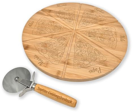 Pizzateller im 1er oder 2er Set inklusive Pizzaschneider mit individueller Gravur - Pizzateller und -schneider mit eigenem Namen, ideal geeignet als Geschenk (1er Set)