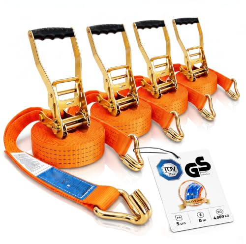 10 Stycken Spännremmar 8m x 4000kg med Spärrhake och Krok - 50mm Surrband med Spännbroms - Orange Spännbandsrem för Lastsäkring - TÜV/GS-certifierad, enligt DIN EN 12195-3 - KODIAK STRAPS