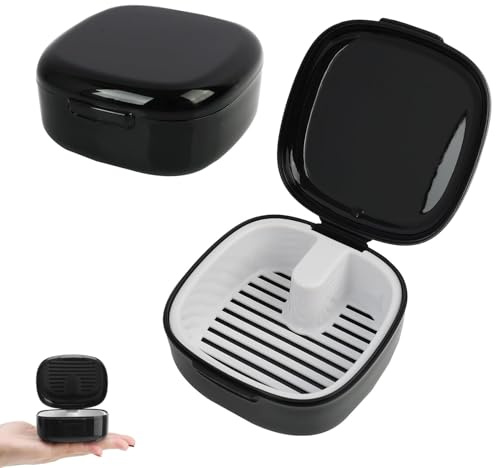 Caja Aparato Dental con Filtrar,Caja Portátil para Dentaduras Postizas,Contenedor Invisible para Dentaduras Postizas,Drenaje Hueco de Doble Capa para Remojar y Almacenar Dentaduras Postizas (Negro)