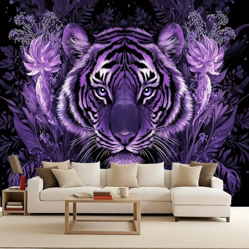 Papel Pintado Bosque Animale Tigre Flores 200x140 cm Efectos 3D Papel Tapiz Fotográfico Tejido No Tejido Mate Póster Fotomurales Decoración Pared Para Dormitorio Salón Decorativos Murales