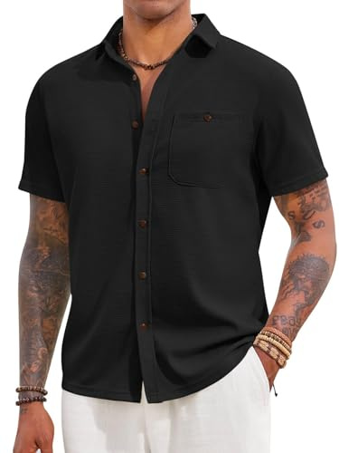 Yousify Mens Button Down Shirts Short Sleeve Waffle Knit Summer Casual Shirt Lightweight Beach Tops with Pocket Black