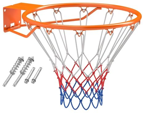 COSTWAY Panier de Basket Anneau Suspendu avec Filet Toutes Saisons, Jante de Basket-Ball Murale avec Double Ressort 12 Boucles pour Intérieur/Extérieur, Diamètre du Anneau 45 CM (Orange)