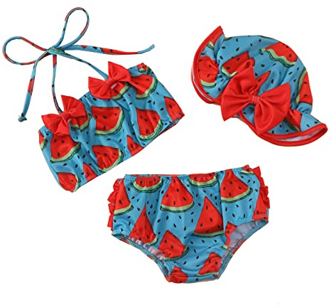 Bañador Niña 0-3 Años Natacion Bikini Bebe Piscina Traje de Baño 2 Piezas Conjunto Bandeau y Bragas Altas y Gorro Tankini Playa con Lazo Cuello Halter Flores Deportivo Vacaciones (Rojo, 6-12 Meses)