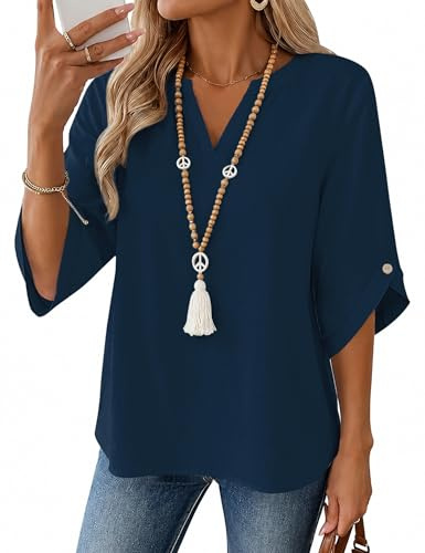 Ladies 3/4 Sleeves Tops for Womens Blouses V-Neck Casual Tunic Summer Fall