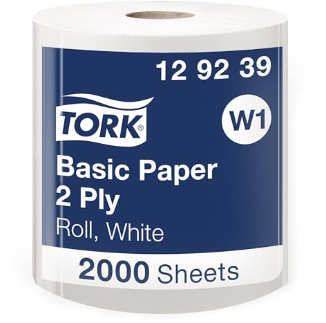 Tork 129239 Basic Paper 2 Ply / Absorbent, Recycled Paper Roll Suitable for Tork W1 Wipers Wall/Floor/Standard System / White / 1 x 680m / Ø 38.5cm