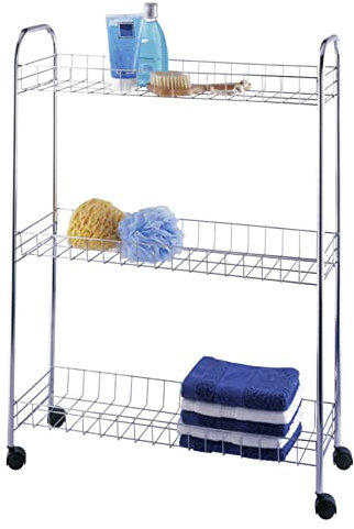 Maximex Rollregal Slim Chrom, Enge Zwischenräume sinnvoll nutzen, für Bad, Küche, Waschküche etc., DREI Ablagekörbe bieten viel Platz, mit Vier leichtgängigen Rollen, in edler Chrom-Optik
