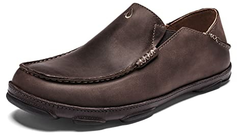 OluKai Moloa Men's Premium Leather Shoes, Easy Slip On & Off Design, Casual & Versatile Loafer, Drop-in Heel & Enhanced Traction, Dk Wood/Dk Java, 10.5