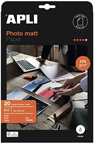 APLI 10418 - Papel fotográfico Matt A4, pack de 20 hojas, 170 g, con acabado mate, apto impresoras inkjet