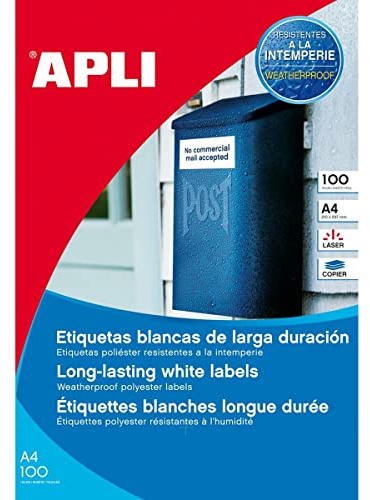 APLI 12121 - Etiquetas resistentes intemperie 210,0 x 297,0 mm 100 hojas, Blanco