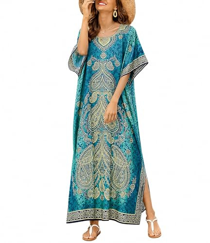Goood Times Vestido de caftán de Talla Grande, túnica, Largo, Kimono, caftán, camisón, Playa, Fiesta, Vestido Informal, Azul, Talla única Grande
