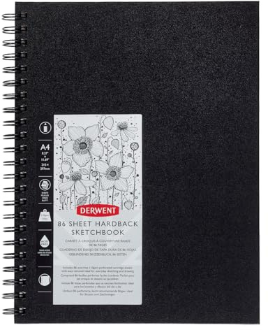 Derwent Hardcover-Skizzenbuch, A4 Hochformat, Sketch-Buch zum Zeichnen & Schreiben, 86 Blatt, Säurefreies Papier, spiralgebunden, Professionelle Qualität, 2301607
