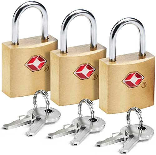Lewis N. Clark Mini Brass Square TSA Lock + Padlock for Luggage, Suitcase, Carry On, Backpack, Laptop Bag or Purse - Perfect for Airport, Hotel, & Gym, 2 Keys Included - 3 Pack