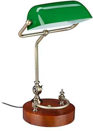 Relaxdays Bankerlampe, neigbarer Glasschirm, Holzfuß, E27-Fassung, Schreibtischlampe Retro, Bibliothekslampe, grün-braun, 42 x 26 x 25 cm