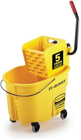 Rubbermaid Commercial Products WaveBrake 35 Qt. Side-Press Mop Bucket and Wringer Combo on Wheels Yellow for Professional/Industrial/Business Heavy-Duty Floor Cleaning/Mopping