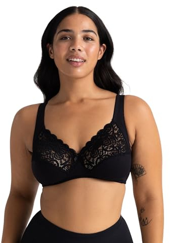 Dorina Soutien-gorge Femme Georgina – Sans Armature, Couverture Totale, Coton avec Finition Dentelle Festonnée, Bande Sous-poitrine de Soutien et Bretelles Réglables, Noir