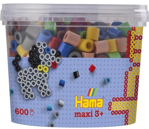 Hama Perlen 8573 Bügelperlen Dose mit ca. 600 bunte Maxi Bastelperlen mit Durchmesser 10 mm im Volltonmix 2, kreativer Bastelspaß für Groß und Klein