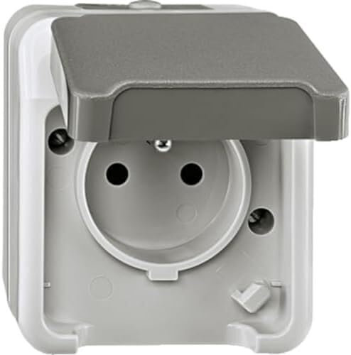 Schneider Electric Merten Steckdosen-Einsatz mit Schutzkontaktstift und Klappdeckel, 1-fach, Aufputz, IP44, Aquastar, lichtgrau, Artikelnummer MEG2500-8029