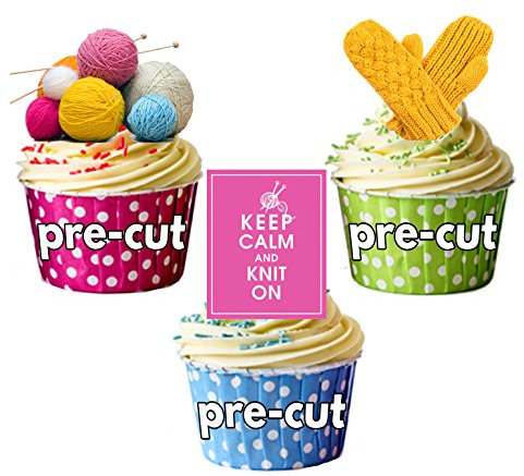 AK Giftshop PRE-CUT Keep Calm and Knit On, Knitting Mix - Edible Cupcake Toppers/Cake Decorations (Pack of 12)