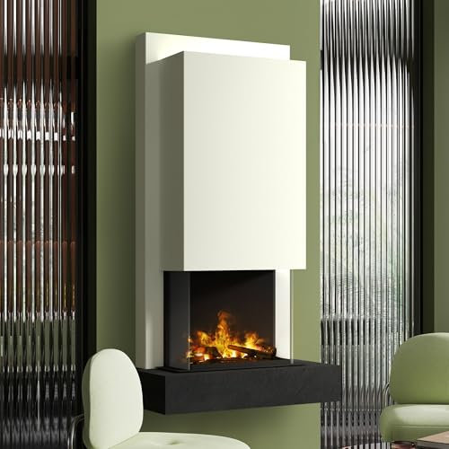 muenkel design Arco - Opti-Myst Elektrokamin Kaminofen Kamin - mit Heizung - Naturstein Nero Schiefer Schwarz - Rauchfang Weiß