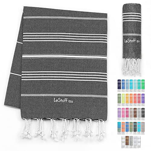 LeStoff Hamamtuch - 100% Bio-Baumwolle, 95 x 180 cm, Vorgewaschen, Saugstark, Schnelltrocknend, Leicht, Kompakt, Campinghandtuch, Reise Handtuch, Badetuch, Duschtuch, Badehandtuch groß (Schwarz)