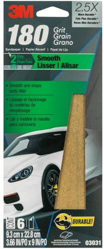 3M Sandpaper, 03031, 180 Grit, 3 2/3 in x 9 in, 6 Sheets