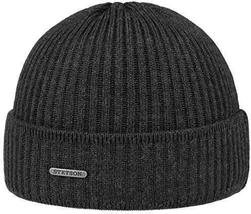 Stetson Parkman Mütze Strickmütze Umschlagmütze Rippmütze Damen Herren Made in EU Herbst Winter 100% Merinowolle anthrazit One Size