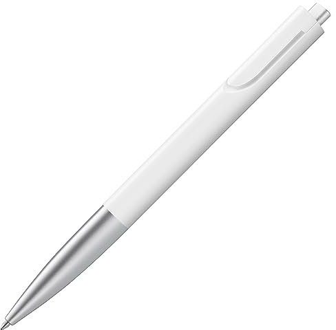 LAMY noto schlichter Kugelschreiber 283 aus Kunststoff in der Farbe weiß-silber mit dreieckigem Korpus und Druckmechanik, inkl. Großraummine LAMY M 16 Strichbreite M in schwarz