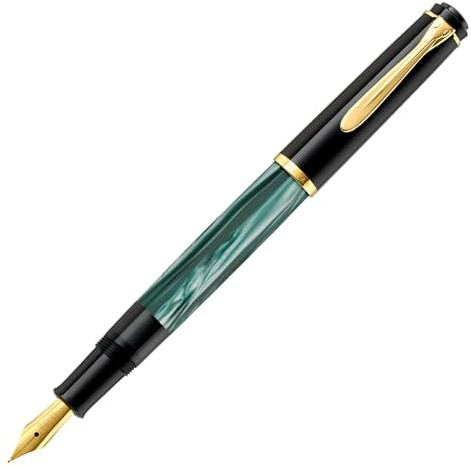 Pelikan 984187 - Penna Stilografica Linea M200 Classic, Verde Marmorizzato/Nero, Dettagli Oro 24K, Pennino in Acciaio Inossidabile, Dimensione F, in confezione regalo