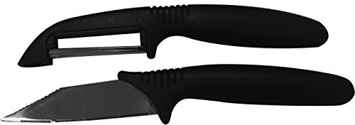 Fackelmann Set di Coltello da cucina con lama seghettata e Pelapatate Universale affilato, manico ergonomico nero, per tagliare e sbucciare frutta e verdura