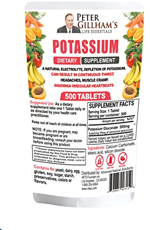 Peter Gillham’s Life Essentials Potassium Gluconate tablets 595mg, 500 Tablets, Support Electrolyte Balance, Made in USA (Package May Vary)