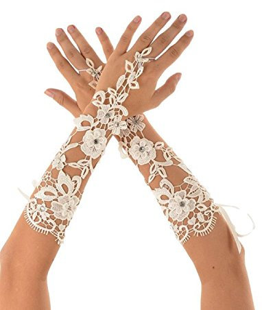 Miya® Lange Brauthandschuhe Prinzessin Handschuhe mit Blumen aus Spitze Satin und Lace, beige, Hochzeit Party